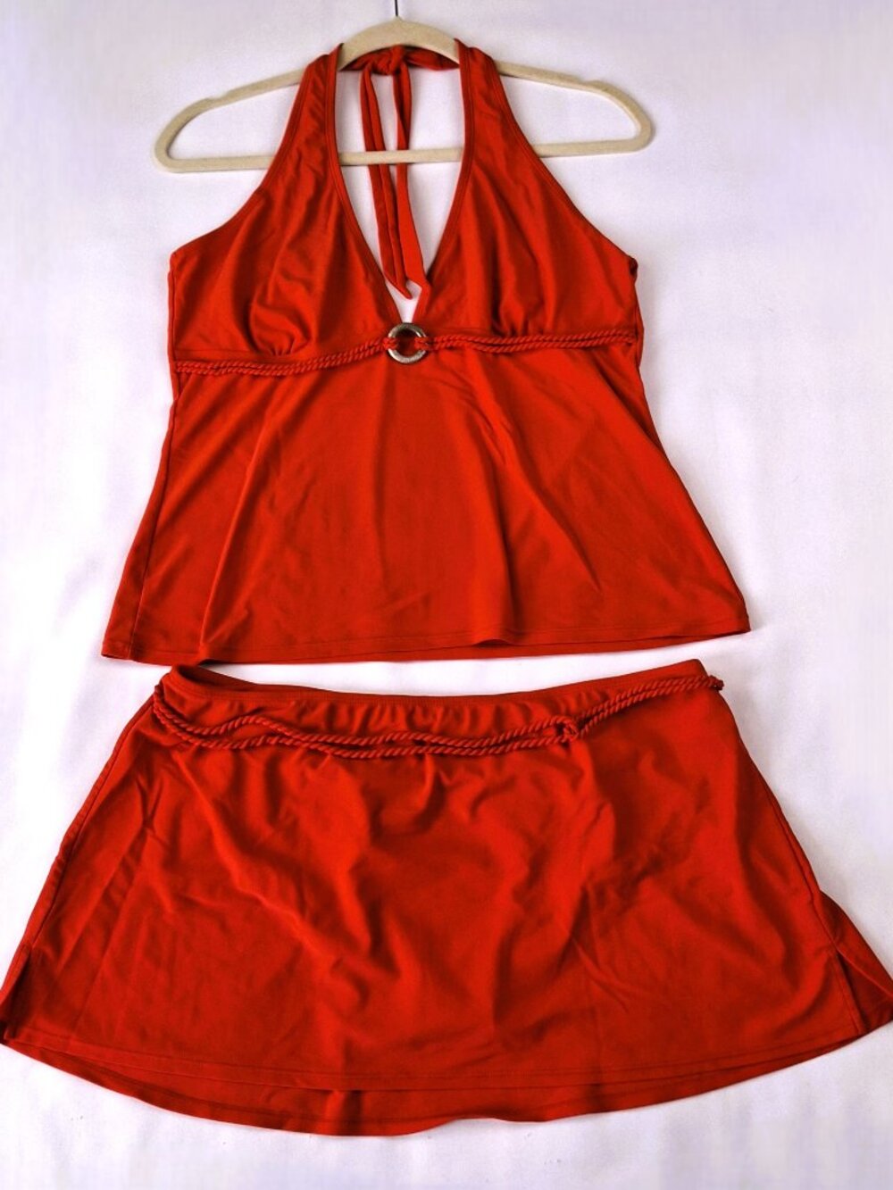 Vibrant Red Sz XL Halter Tankini Set With Skirt/Attached Brief Bottom Nautical